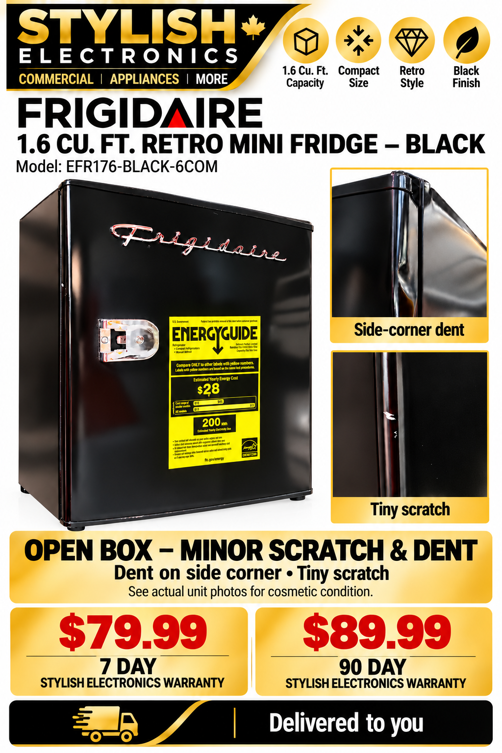 Approved black Frigidaire mini fridge ad showing side-corner dent, tiny scratch and both warranty prices