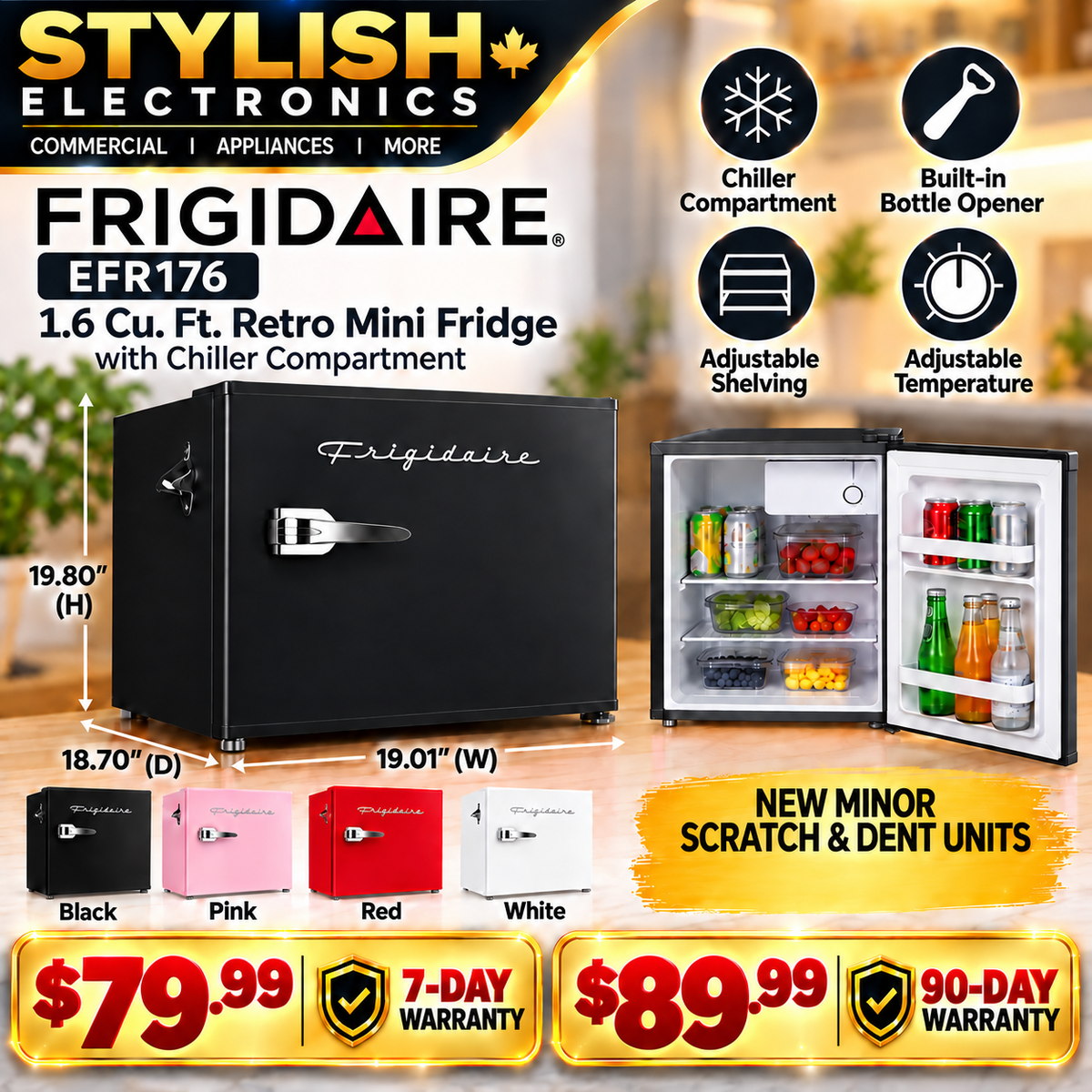Frigidaire EFR176 black retro mini fridge, minor scratch and dent, with warranty pricing