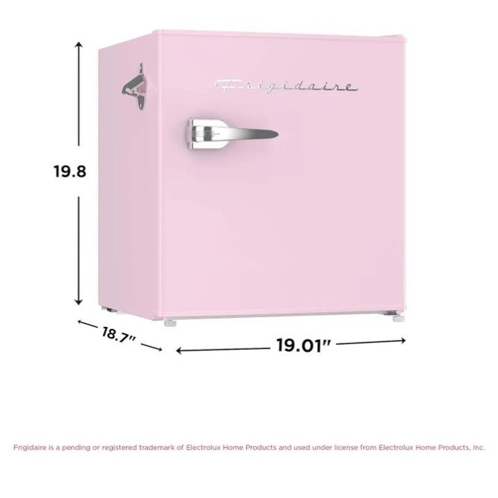 Frigidaire EFR176 pink retro mini fridge with dimensions