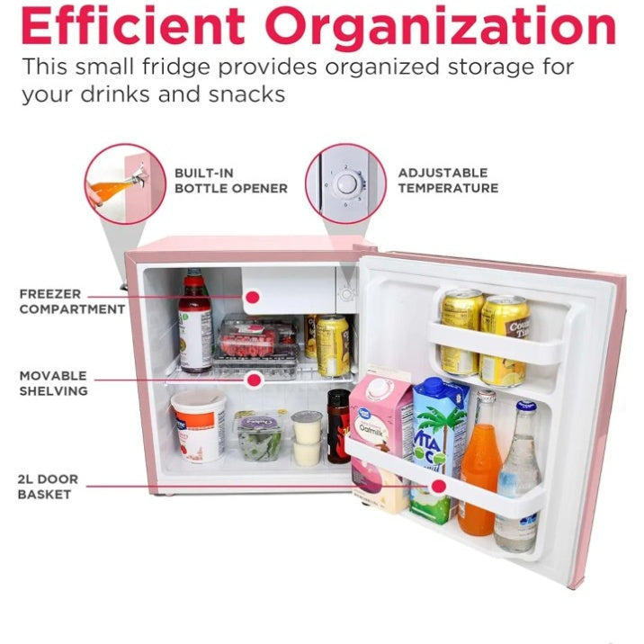 Frigidaire EFR176 pink retro mini fridge interior features