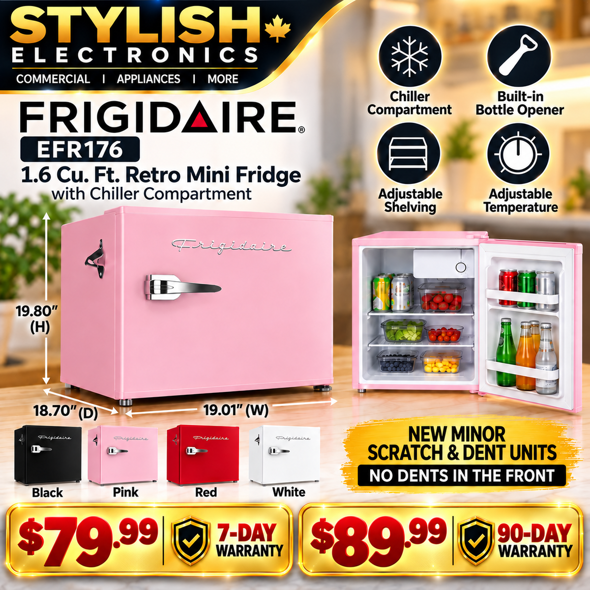 Frigidaire EFR176 pink retro mini fridge, minor scratch and dent, no front dents, with warranty pricing