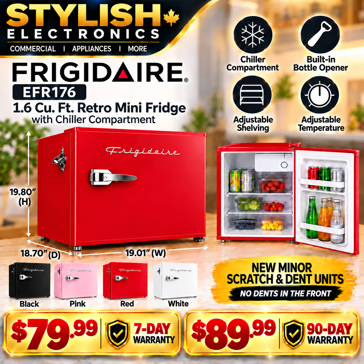 Frigidaire EFR176 red retro mini fridge, minor scratch and dent, no front dents, with warranty pricing