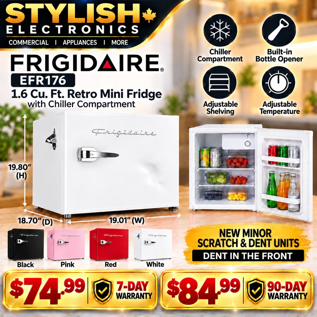 Frigidaire EFR176 white retro mini fridge with front dent, with discounted warranty pricing