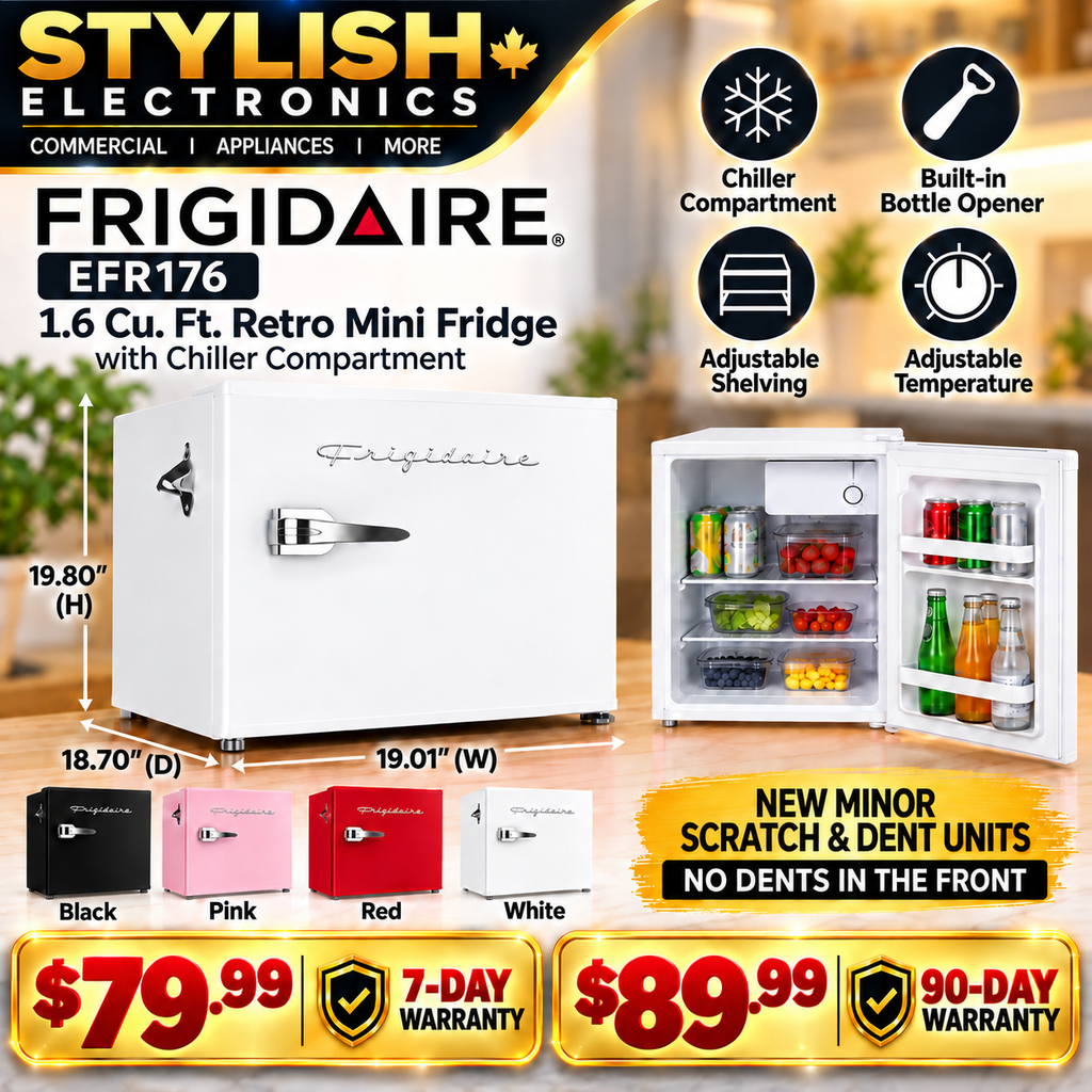 Frigidaire EFR176 white retro mini fridge, minor scratch and dent, no front dents, with warranty pricing