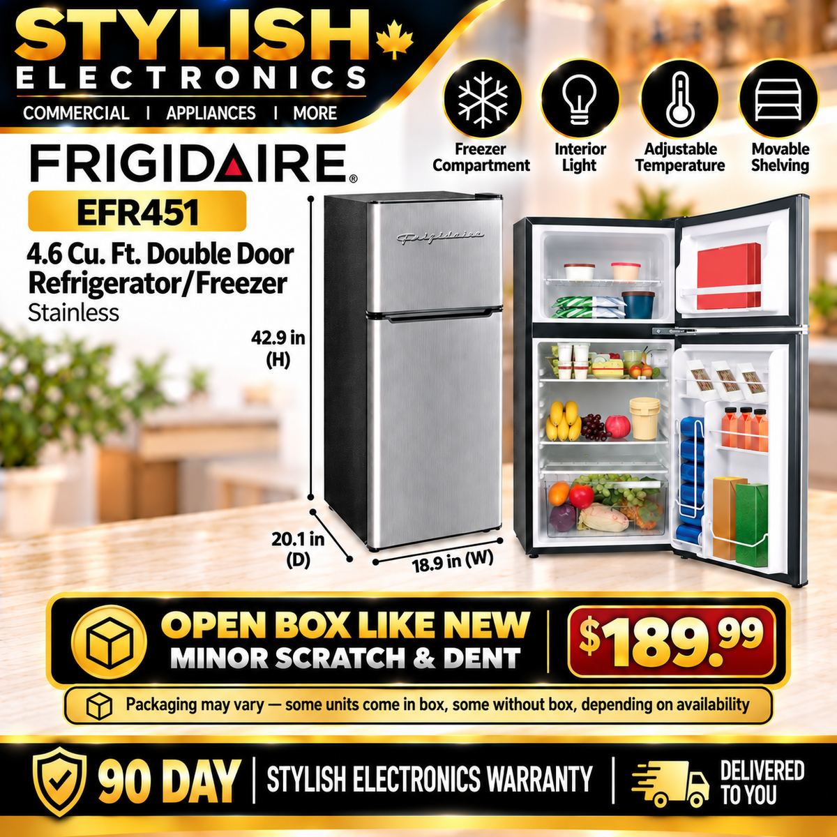 Frigidaire EFR451 4.6 cu ft double door refrigerator freezer stainless Stylish Electronics ad