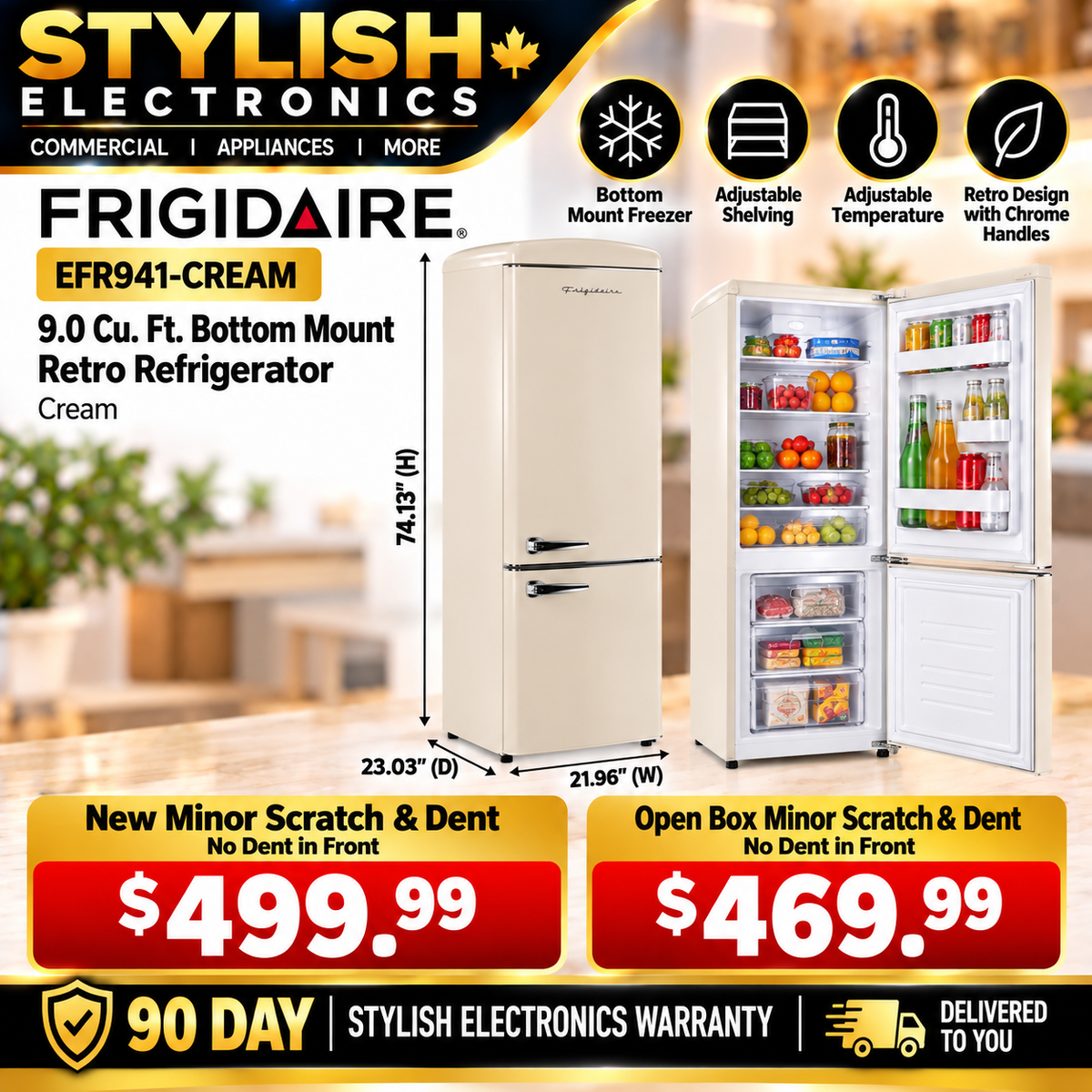 Frigidaire EFR941-CREAM 9.0 cu. ft. cream retro refrigerator Stylish Electronics ad