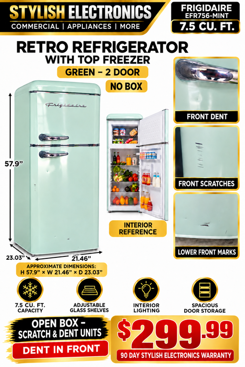 Frigidaire EFR756-MINT – front dent, open box, no box, $299.99, 90 day Stylish Electronics warranty