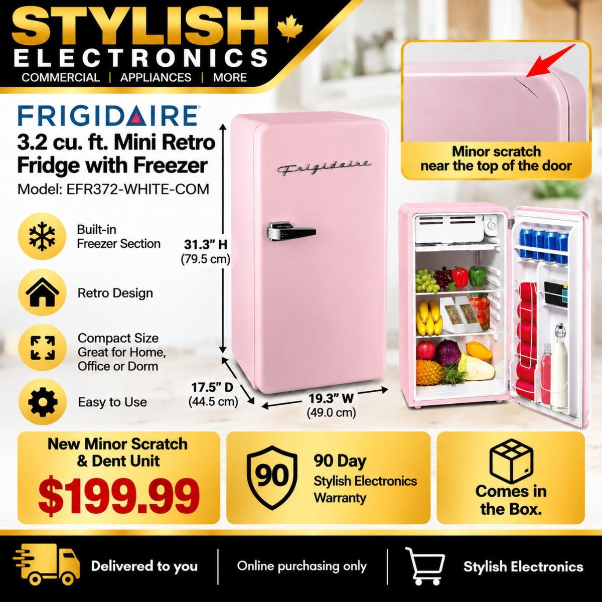 Frigidaire EFR372 pink 3.2 cu. ft. retro mini fridge scratch and dent ad