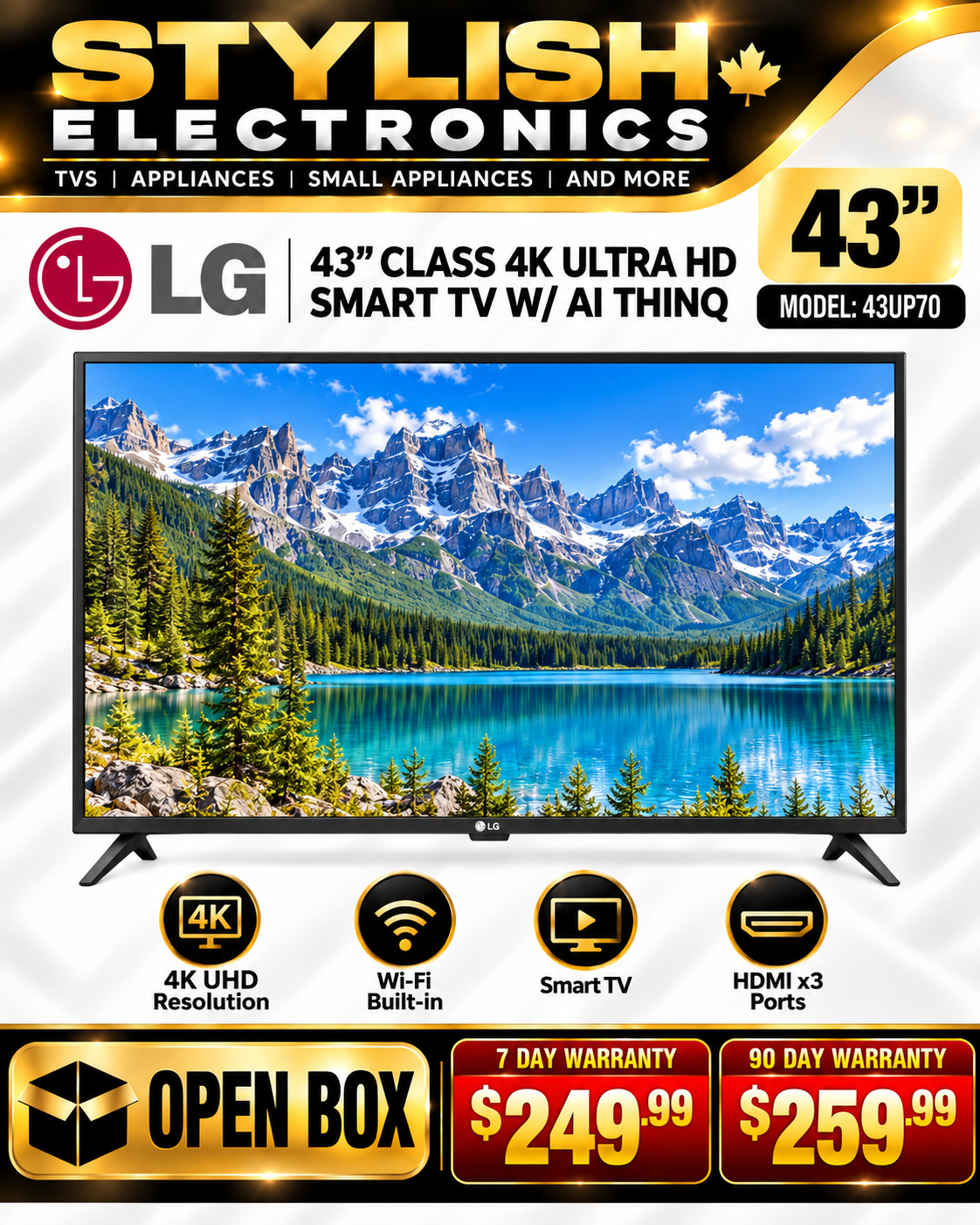 LG 43-inch UP70 4K UHD Smart TV - open box - $249.99 7-day warranty or $259.99 90-day warranty