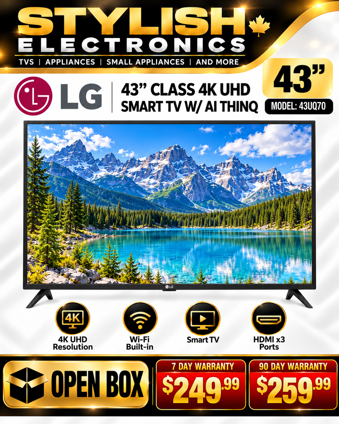 LG 43-inch UQ70 4K UHD Smart TV - open box - $249.99 7-day warranty or $259.99 90-day warranty