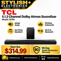 TCL Q75H soundbar and wireless subwoofer product illustration, $314.99 with 90-day Stylish Electronics warranty